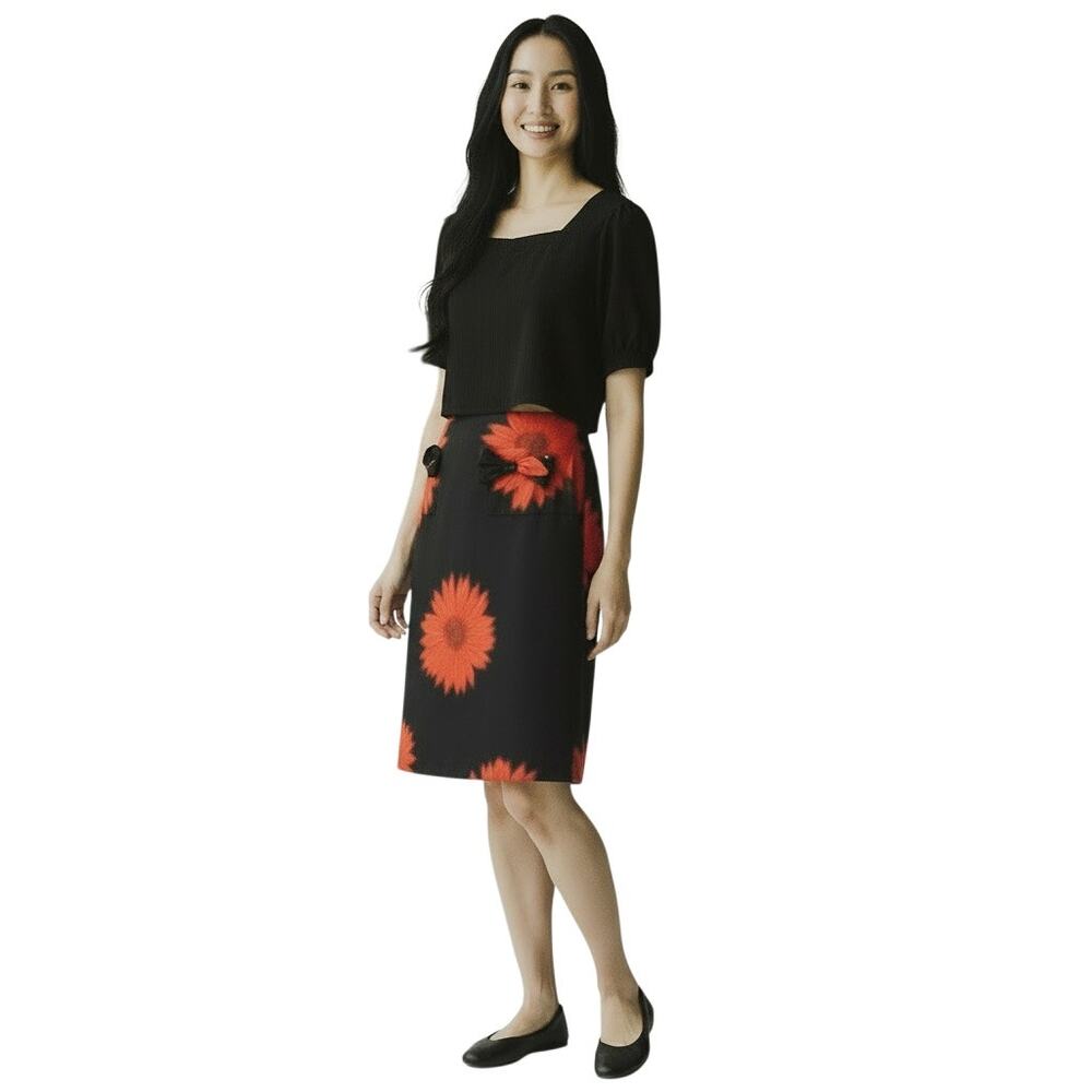 Grace Dane Lewis Black Red Sunflower Floral Bow Pocket Knee Length Skirt 8 NWT